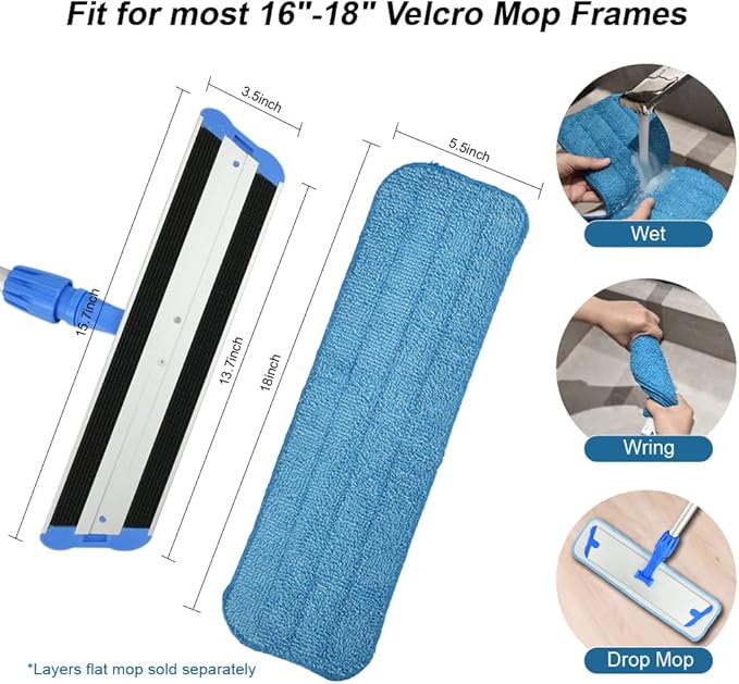 Layers 18"Microfiber Replacement Mop Pads- Reusable Mop Heads Refills fit for Most 16-18inch Spray Velcro Mop, Machine Washable Absorbent Mop Pads- 3Pack