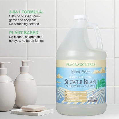 Ginger Lily Farms Botanicals Plant-Based 3-in-1 Shower Blast Weekly Spray Cleaner, 100% Vegan & Cruelty-Free, Fragrance-Free, 1 Gallon (128 fl. oz.) Refill