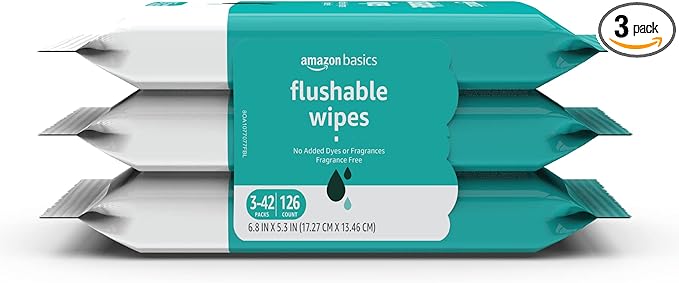 Amazon Basics Adult Wet Wipes Flushable Fragrance Free, 126 Count (3 Packs of 42) Packaging May Vary