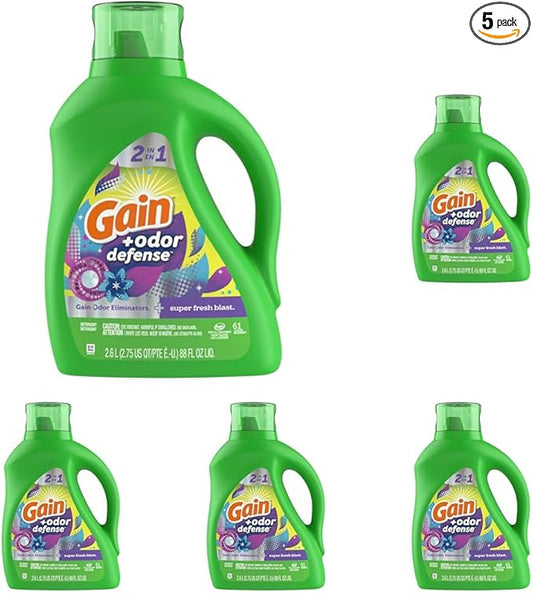 Gain + Odor Defense Liquid Laundry Detergent, Super Fresh Blast Scent, 88 Oz, 61 Loads, HE Compatible (Pack of 5)