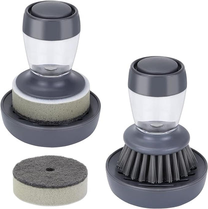 Dish Brush with Soap Dispenser, Kitchen Scrub Brush for Dishes Pots Pans Sink Cleaning, Dish Scrubber with Holder Set (Grey 2-Pack Combo Set)
