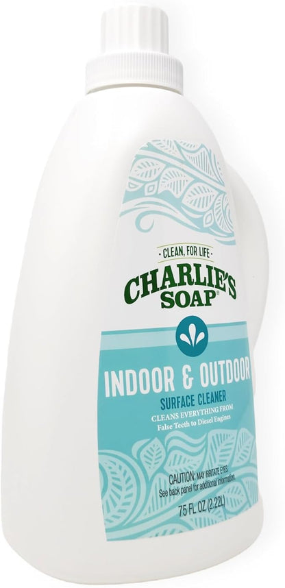 Charlie's Soap Indoor & Outdoor Surface Cleaner Refill (107 Fl. Oz.) Biodegradable Natural Outdoor Cleaning Spray – Safe for Indoor Use (2 Pack - One 32oz Sprayer and One 75oz Refill)