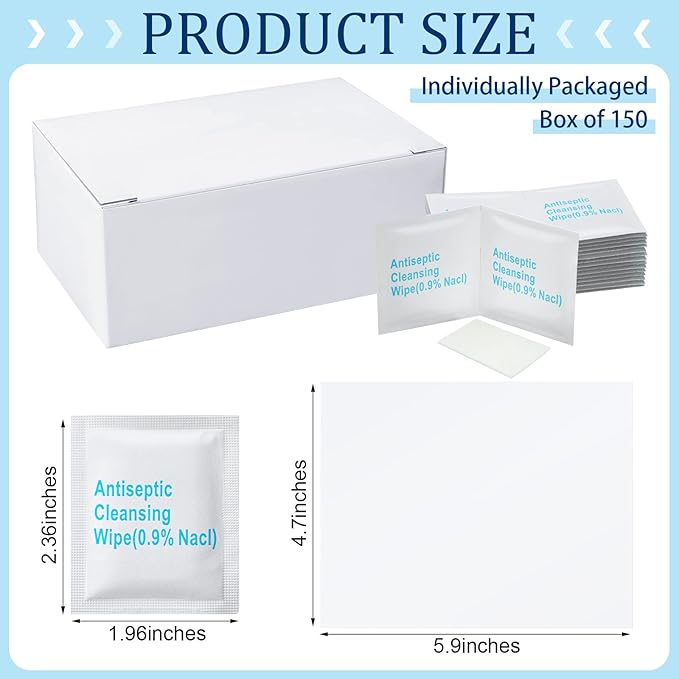 Treela 150 Pcs Sterile Saline Wipes Antiseptic Cleansing Individually Wrapped Travel Wet Wipes Unscented Cleansing Face Eye Wound Aftercare Swabs for Adult Travel Individual Packet