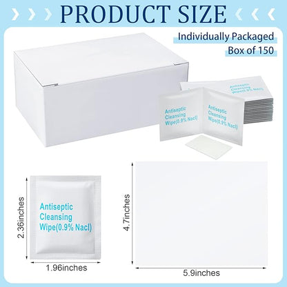 Treela 150 Pcs Sterile Saline Wipes Antiseptic Cleansing Individually Wrapped Travel Wet Wipes Unscented Cleansing Face Eye Wound Aftercare Swabs for Adult Travel Individual Packet
