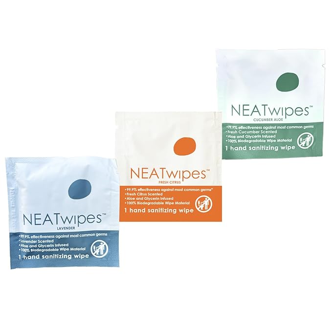 NEATwipes Hand Sanitizing Wipes | Travel Essentials | Disposable Wet Wipe & Planet Friendly | (24) Fresh Citrus (24) Lavender & (24) Cucumber Scented Wipes | 3 Pouches of 24 Individually Wrapped Wipes