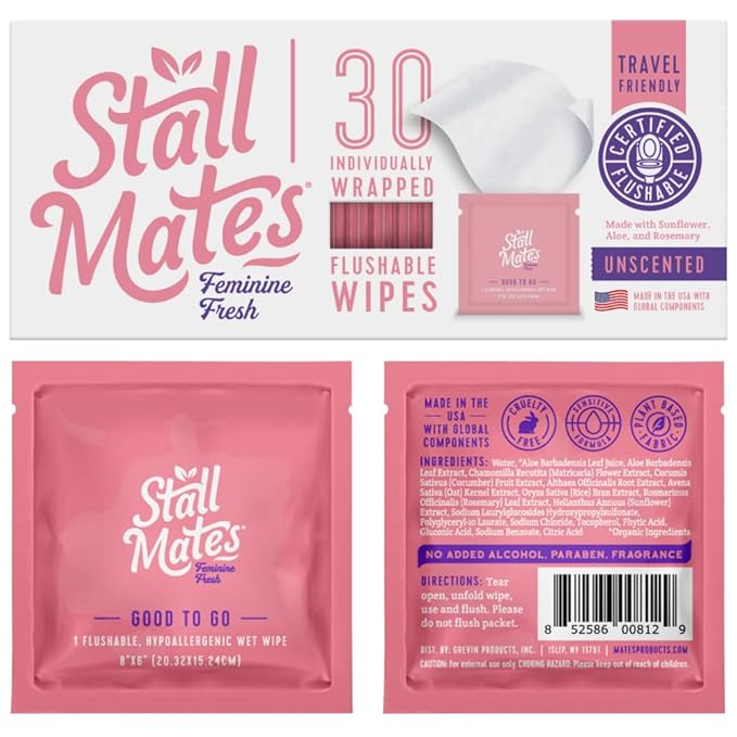 Stall Mates Wipes Feminine Fresh - Flushable | Individually Wrapped Cleansing Travel Friendly PH balanced Unscented with Sunflower, Rosemary and Aloe (30 on-the-go singles)