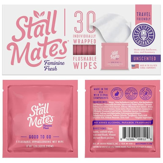 Stall Mates Wipes Feminine Fresh - Flushable | Individually Wrapped Cleansing Travel Friendly PH balanced Unscented with Sunflower, Rosemary and Aloe (30 on-the-go singles)