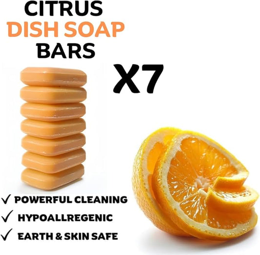 7 Big Dish Soap Bars with Citrus Essential Oil & Natural Ingredients, Skin-Safe, Non-Toxic, Plastic-Free Packaging - Value Pack