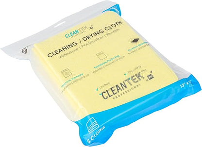 Clean Tek Professional 13 x 15 Inch Cleaning Cloths, 5 Reusable Cloth Towels - Machine Washable, Absorbent, Yellow PVA Microfiber Cleaning Rags, Fast Drying, For Windows Or Cars - Restaurantware