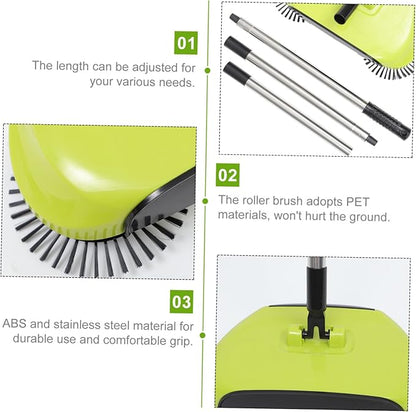 Multi Function Hand Push Sweeper with Dustpan and Trash Bin Rotating Floor Cleaning Mop for Easy Household Cleaning Green