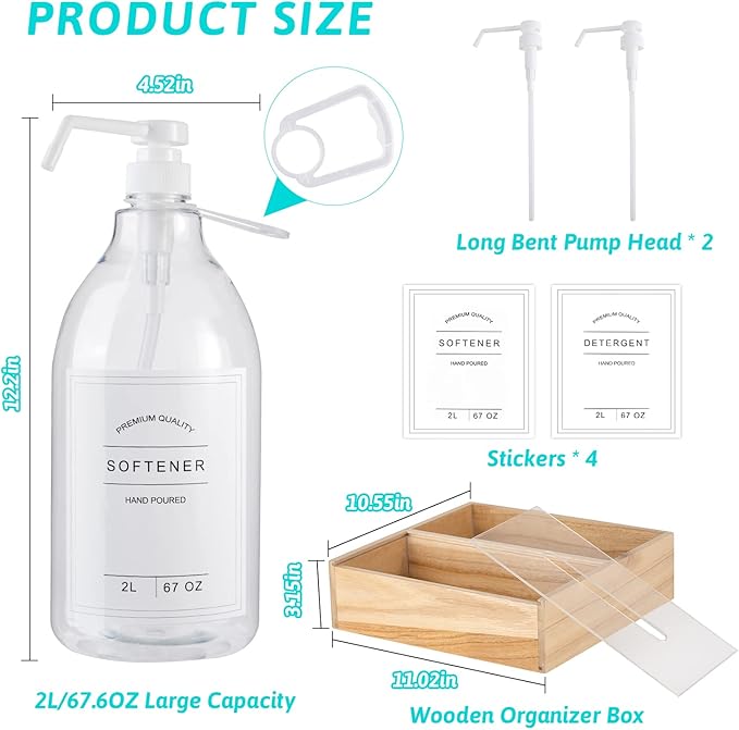 Liquid Laundry Detergent Dispenser for Laundry Room, 70.5oz Laundry Detergent Storage Container, Laundry Dispenser for Liquid Detergent, Includes Pumps, Labels and Wooden Organizer Box,2 Pack