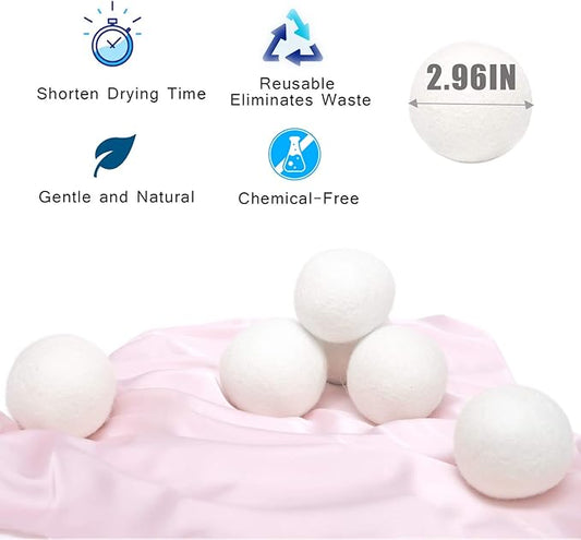 Wool Dryer Balls - 6 Pack XL, 100% Handmade Natural New Zealand Wool, Reusable Organic Fabric Softener, Reduce Wrinkles & Drying Time, Chemical Free Hypoallergenic Safe White