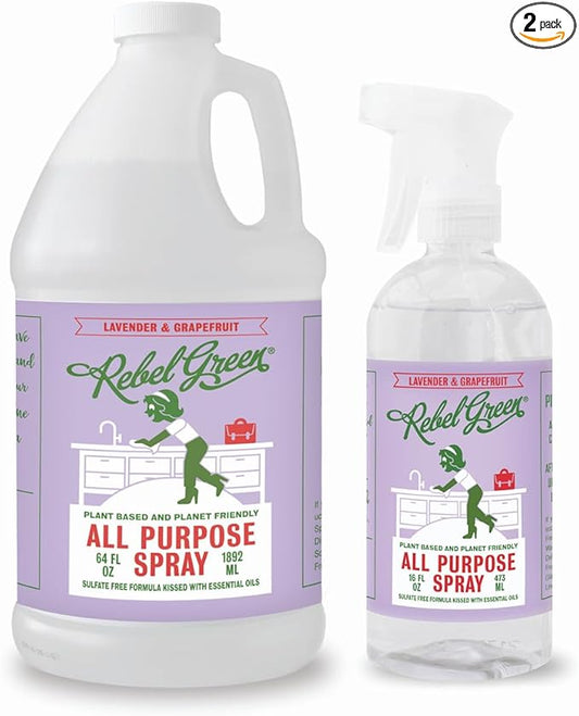 Rebel Green Natural All Purpose Cleaning Spray | Multi purpose Cleaner for Home & Kitchen | Eco-Chic Multi Surface Cleaner with Essential Oils (Lavender & Grapefruit, 16.00 Fl Oz & 64.00 Fl Oz Refill)