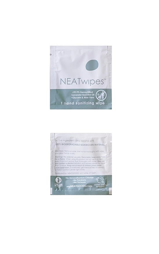 NEATwipes Hand Sanitizing Wipes | Travel Size | Disposable Wet Wipe & Planet Friendly | Lavender Essential Oil & Soothing Aloe | 24 Individually Wrapped Wipes per Package