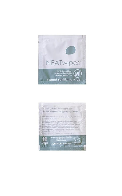 NEATwipes Hand Sanitizing Wipes | Travel Size | Disposable Wet Wipe & Planet Friendly | Lavender Essential Oil & Soothing Aloe | 24 Individually Wrapped Wipes per Package