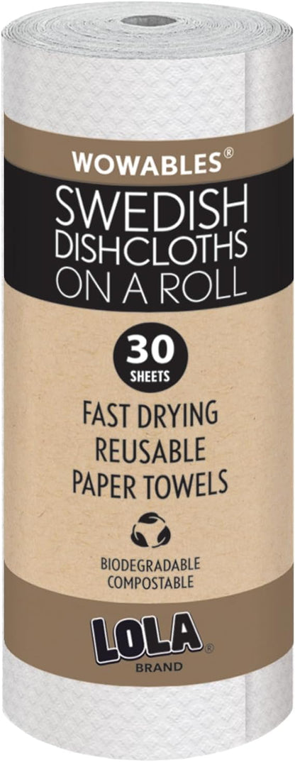 LOLA Swedish Dishcloths on a Roll 30 Pack, Absorbent Eco Friendly Cellulose Sponge Dish Cloths, Reusable Paper Towels, 11" x 10" Made in Germany