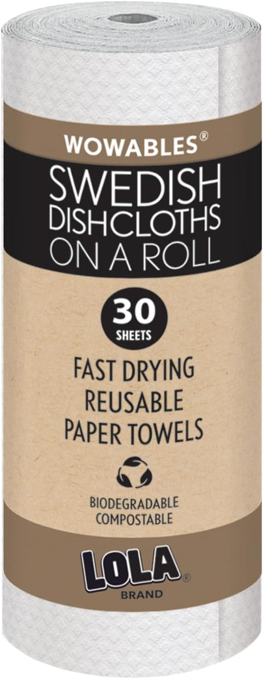 LOLA Swedish Dishcloths on a Roll 30 Pack, Absorbent Eco Friendly Cellulose Sponge Dish Cloths, Reusable Paper Towels, 11" x 10" Made in Germany