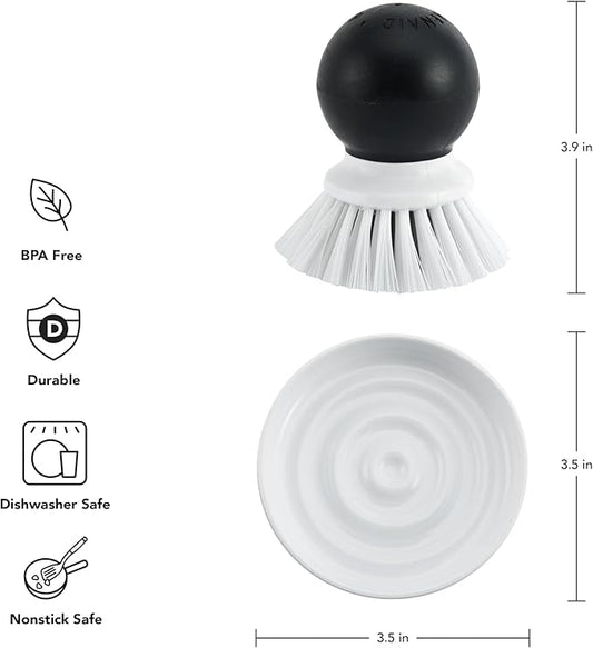 KitchenAid Palm Brush With Dish Tray to Keep Countertops Dry and Clean, Durable Nylon Bristles for Tough Cleaning, Dishwasher Safe, 2-Piece, Black