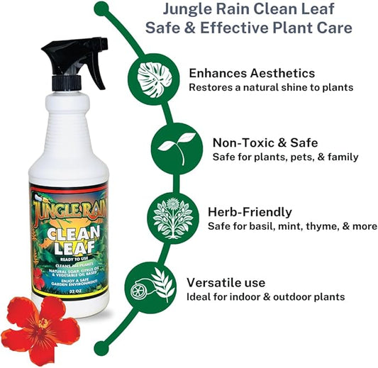 Jungle Rain Clean Leaf – Natural, Non-Toxic Plant & Tree Cleaner with Orange Oil & Castile Soap, Ready-to-Use 32oz Spray for Indoor & Outdoor Care, Defends Plants, Keeps Bugs at Bay, Since 1995
