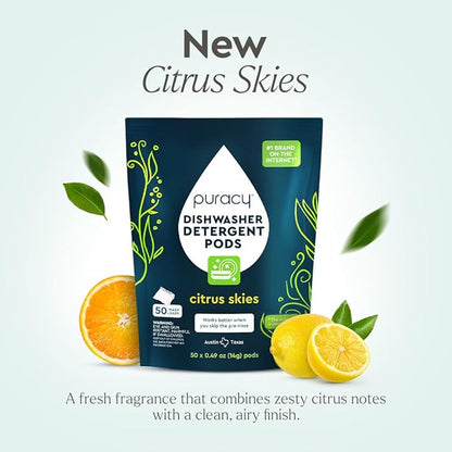Puracy Dishwasher Pods, Natural Dishwasher Detergent, Citrus Skies Dish tabs - Enzyme-Powered, Spot & Residue Free - TikTok Trend Items, Must Haves from TikTok Made Me Buy It (Citrus Skies, 50 Count)