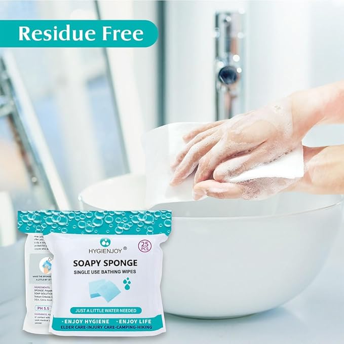 Skin Cleaning Wipe (75 Counts, 3 Packs) - Rinse Free Bathing Sponge for Adults, Extra Thick, No Residue, Hypoallergenic, Convenient for Elderly, Injured, Campers, Hikers