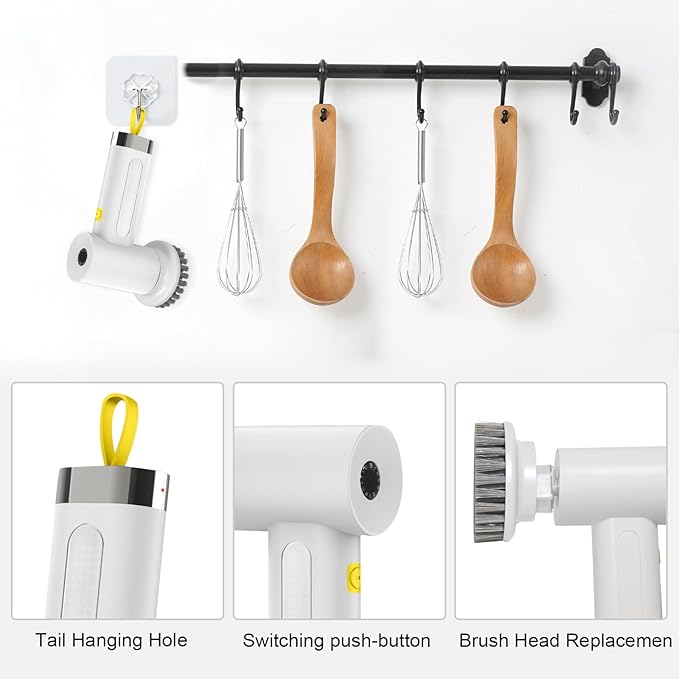 Electric Spin Scrubber with 5 Brush Heads,Cordless Power Scrubber for Arthritis and Seniors Cleaning Kitchen Bathroom Floor Stove with 2 Adjustable Speeds Type-C Charger&Long Last Battery (White-1)