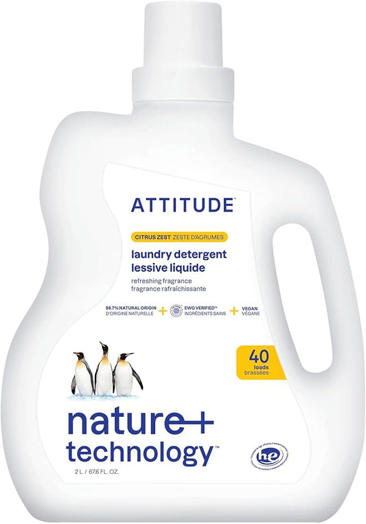 ATTITUDE Liquid Laundry Detergent, EWG Verified Laundry Soap, HE Compatible, Vegan and Plant Based Products, Cruelty-Free, Citrus Zest, 40 Loads, 67.6 Fl Oz