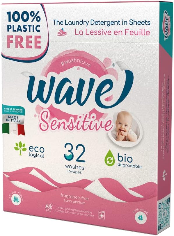 Wave Laundry Detergent Sheets - Unscented (64 Loads) - Dissolves Faster & Higher Cleaning Power Over Competitors - Multi-Purpose Laundry Cleaner - 100% Plastic Free