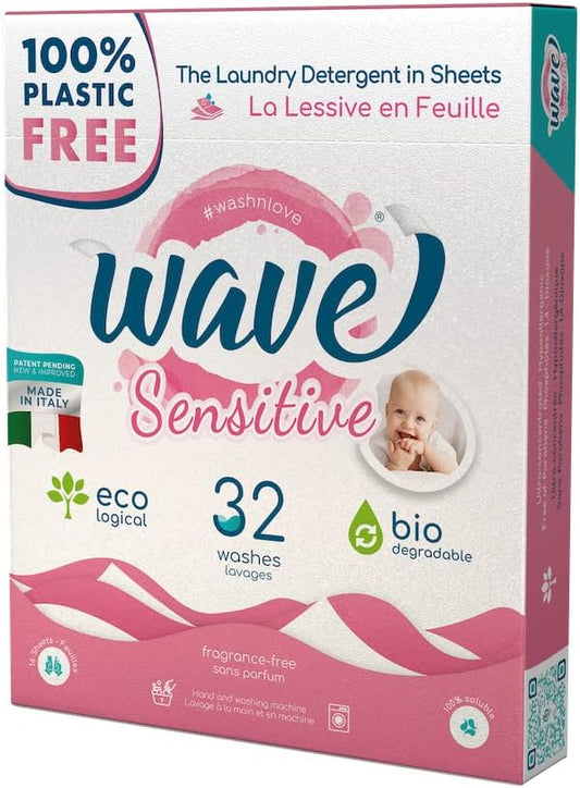 Wave Laundry Detergent Sheets - Unscented (64 Loads) - Dissolves Faster & Higher Cleaning Power Over Competitors - Multi-Purpose Laundry Cleaner - 100% Plastic Free