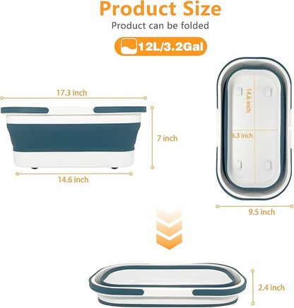 Collapsible Plastic Bucket with Wheels 12L (3.17 Gallon) for House Cleaning, Camping, and RV - Multi-Purpose Rectangular Handy Basket for Cleaning Mop - Lightweight and Portable (Blue)