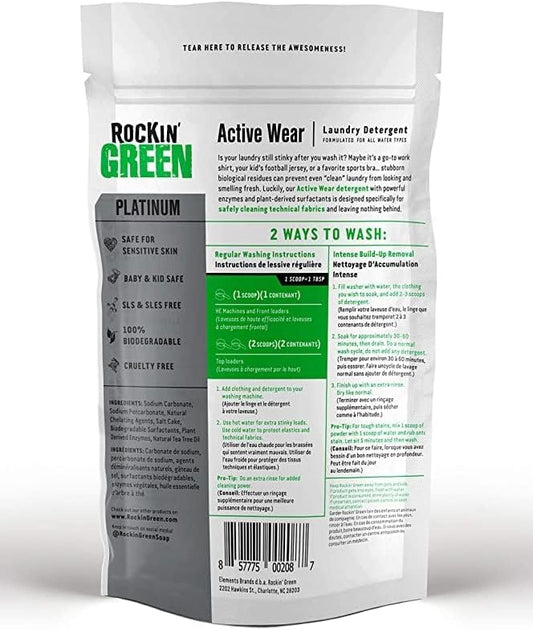 Rockin' Green Laundry Detergent, Plant based, All Natural Laundry Detergent Powder, Vegan and Biodegradable Odor Fighter, Safe for Sensitive Skin (Active Wear 90 Loads - Unscented)