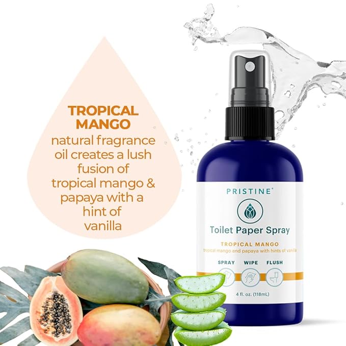 Toilet Paper Spray - As Seen on Shark Tank, More Natural Personal Cleansing Wipes & Flushable Wet Wipes Alternative, Spray Toilet Paper to Create Flushable Wipe, Tropical Mango, 4 fl oz