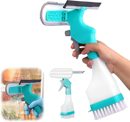 4-in-1 Scraper Brush Spray and Brush, Portable Multifunction Window Cleaner Tool with Squeegee and Plush Glass Brush, New Refillable Bottle Sprayer for Glass Ceramics Surface（Blue）