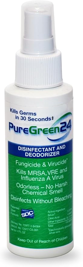 PureGreen24 Safe & Effective Disinfectant. Kills Deadly Germs including RSV COVID-19 Norovirus MRSA Staph 2025 flu Bird flu Contains no toxic chemicals odorless child & pet safe 1 4oz spray bottle