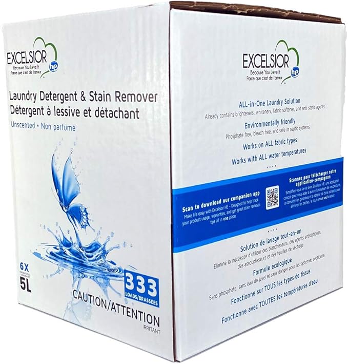Excelsior - HE Laundry Detergent with Natural Stain Remover for 333 Loads of Unscented - 5 Liter Eco-Friendly (1 Pack)