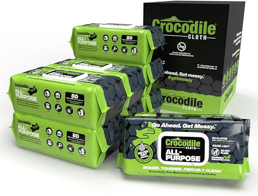 Crocodile Cloth Multi-Purpose Household Cleaning Wipes - The Stronger Easier Way to Clean Grease, Dirt, Dust, Grime, & Glue from Hands, Tables, and More - 80 Oversized Wipes - 8 PK Case