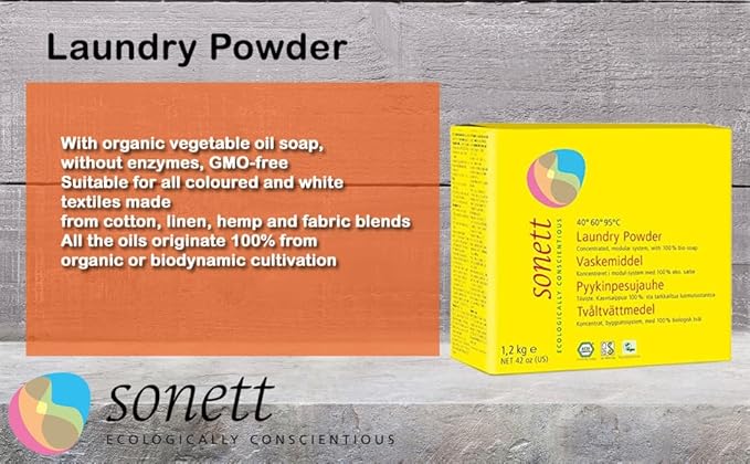 Sonett Organic Laundry Powder Detergent for Colors 42oz / 1.2kg - With organic vegetable oil soap, without enzymes, GMO-free.Suitable for all coloured and white textiles made from cotton, linen, hemp.