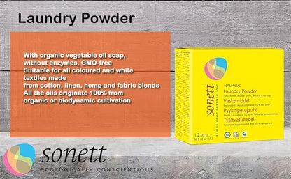 Sonett Organic Laundry Powder Detergent for Colors 42oz / 1.2kg - With organic vegetable oil soap, without enzymes, GMO-free.Suitable for all coloured and white textiles made from cotton, linen, hemp.