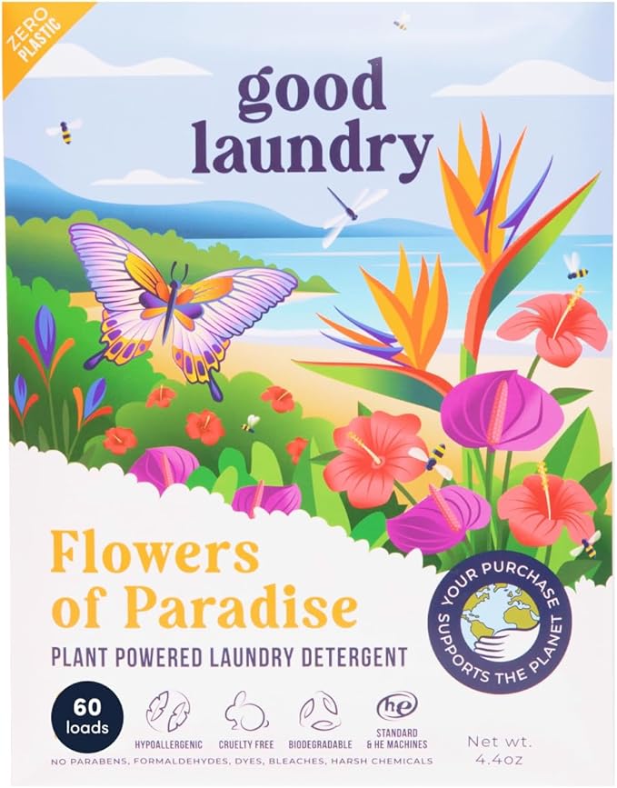 Detergent Sheets - Flowers of Paradise Scented (60 Loads) - Eco-Friendly Laundry Detergent Sheets, Hypoallergenic, No Plastic Jugs or Waste - Based in the USA
