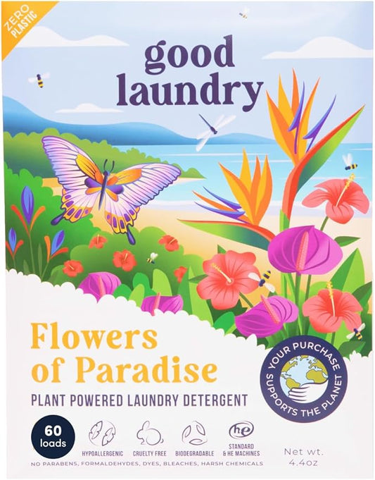 Detergent Sheets - Flowers of Paradise Scented (60 Loads) - Eco-Friendly Laundry Detergent Sheets, Hypoallergenic, No Plastic Jugs or Waste - Based in the USA