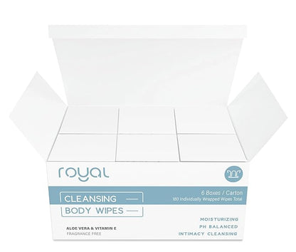 Royal Body Cleansing Wipes - Flushable Fragrance Free for Feminine Vaginal Hygiene, Moisturizing - Women & Men Safe, Anti-Itch - Vitamin E & Aloe, Unscented - 30 Count (180ct, Pack of 6)