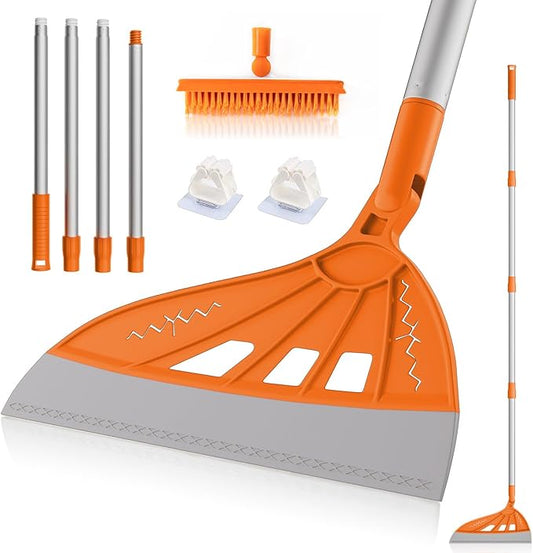 Magic Air Broom Household Silicone Broom for Floor Cleaning, Multifunctional Floor Squeegee with 60’’ Aluminum Adjustable Handle, Pet Hair for Glass, Fine Dust, Hair, Liquids (Orange)