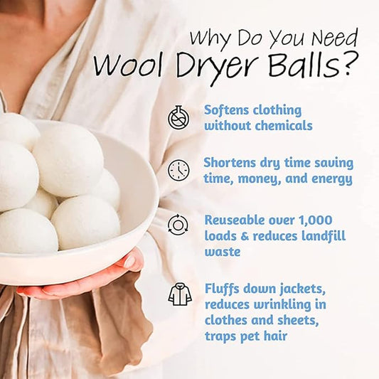 Wool Dryer Balls, 6 Pack Laundry Dryer Balls Reusable and Handmade, 100% Organic New Wool Natural Fabric Softener, Dryer Sheets Alternative and Reduce Wrinkles Eco-Friendly Dryer Balls