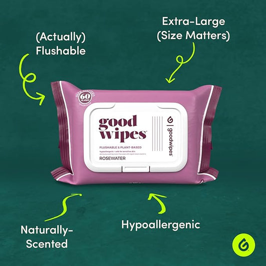 Goodwipes Flushable Butt Wipes Made with Vitamin E & Aloe - Soft & Gentle Wet Wipe Dispenser for Home Use, Septic & Sewer Safe - Largest Adult Toilet Towelettes - Rosewater, 480 Count (8 Packs)