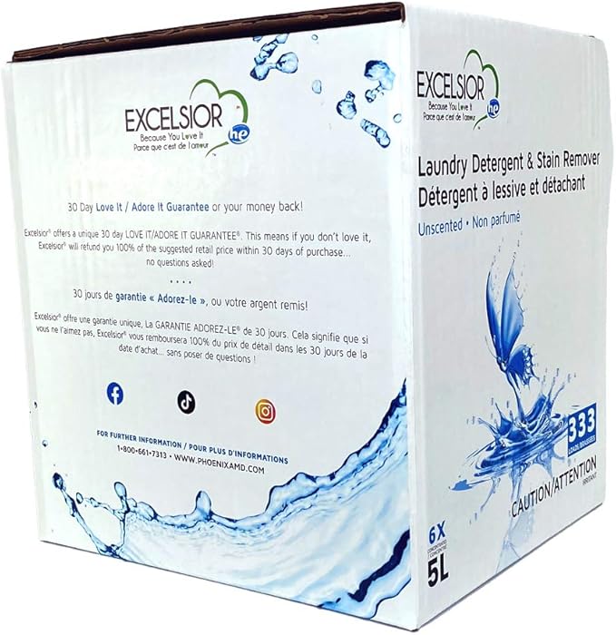 Excelsior - HE Laundry Detergent with Natural Stain Remover for 333 Loads of Unscented - 5 Liter Eco-Friendly (1 Pack)