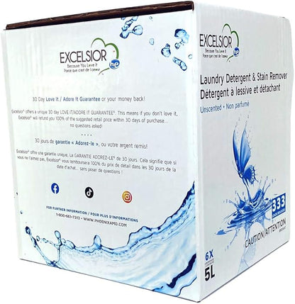 Excelsior - HE Laundry Detergent with Natural Stain Remover for 333 Loads of Unscented - 5 Liter Eco-Friendly (1 Pack)