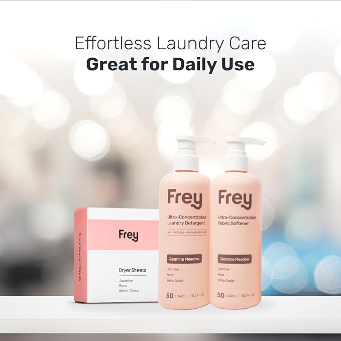 Frey Complete Laundry Package | Jasmine Meadow Scent | Detergent, Fabric Softener & Dryer Sheets | Nature’s Luxury