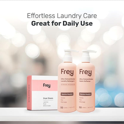 Frey Complete Laundry Package | Jasmine Meadow Scent | Detergent, Fabric Softener & Dryer Sheets | Nature’s Luxury