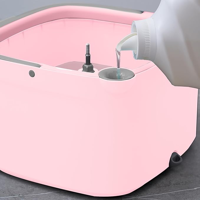 Spin Mop and Bucket with Separate Compartments for Clean and Dirty Water New 2025 Upgraded Version w/Side Brush and Self Standing Handle, Smart Square Mop w/ 2 Machine Washable Microfiber Pads, Rose