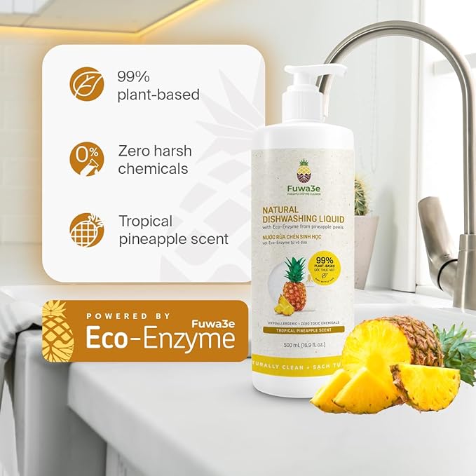 Fuwa3e Pineapple Enzyme Natural Dish Soap Tropical Pineapple Scent - 16.9oz 3 Pack - 99% Plant Based Dish Liquid - Hypoallergenic Dish Soap from Discarded Pineapple Peels